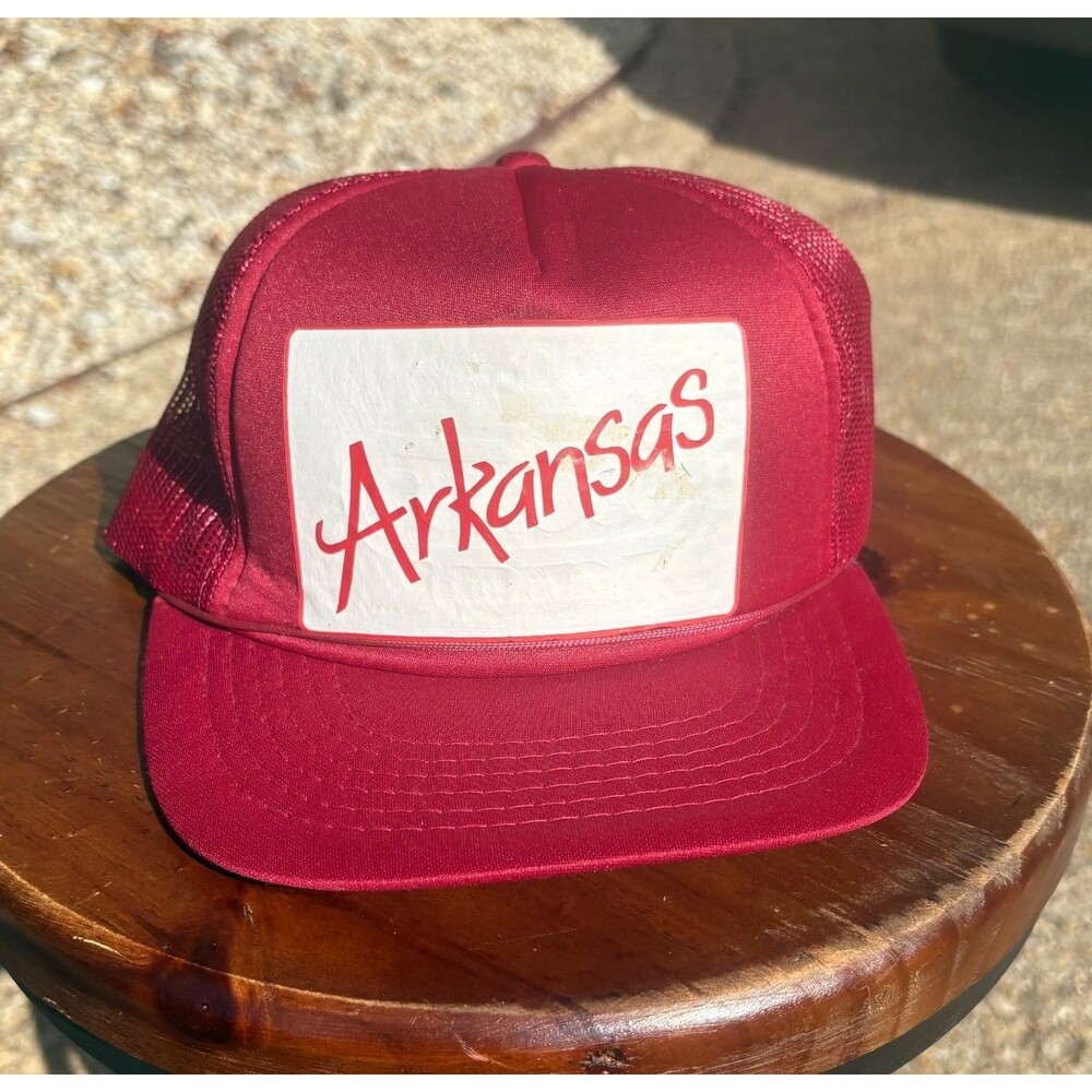 VTG 90s Arkansas Razorbacks Trucker Hat AJM Headwear Snapback Maroon Mesh Script
